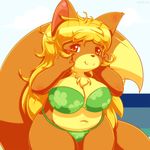  2014 5_fingers anthro big_ears big_tail bikini blonde_hair blush brown_eyes brown_fur brown_nose canine chest_tuft fox fur hair hi_res long_hair looking_at_viewer mammal maverick outside smile solo standing swimsuit tuft water 