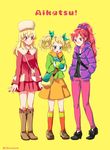  aikatsu! aikatsu!_(series) blonde_hair blush casual copyright_name fur_hat green_eyes hands_in_pockets hat hood hooded_jacket hoshimiya_ichigo jacket kneehighs loafers long_hair multiple_girls open_mouth otoshiro_seira pants red_eyes saegusa_kii scarf shinoasa shoes simple_background skirt twitter_username yellow_background 