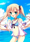  bikini blonde_hair blue_sky braid breasts cleavage cloud day frilled_bikini frills green_eyes highres hood hoodie hoodie_removed jewelry long_hair multiple_braids nanaki_utsugi necklace ocean off_shoulder original sky small_breasts solo swimsuit twintails water 