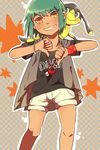  collar ears fuu_(naruto) green_hair helioptile highres hips jewelry knees legs naruto naruto_shippuuden necklace nintendo o96ap pokemon scatterbug short_hair shorts smile teeth wristband yellow_eyes 