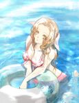  1girl aerith_gainsborough artist_request breasts brown_hair cleavage female final_fantasy final_fantasy_vii green_eyes hair_ribbon innertube long_hair looking_at_viewer ribbon solo swimsuit tomo_(552252) water wet 