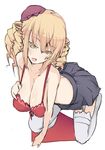  1girl bare_shoulders blonde_hair bra breasts cleavage drill_hair eguegu female garter_straps hair_ornament hat kneeling large_breasts legwear long_hair miniskirt open_mouth ore_no_nounai_sentakushi_ga_gakuen_love-comedy_wo_senryoku_de_jama_shiteru red_bra reikadou_ayame simple_background skirt solo thighhighs underwear white_background white_legwear white_thighhighs yellow_eyes 