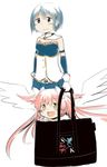  :d armband bag blue_eyes blue_hair bow cape carrying damenano104 gloves hair_bow in_bag in_container kaname_madoka long_hair magical_girl mahou_shoujo_madoka_magica mahou_shoujo_madoka_magica_movie miki_sayaka multiple_girls open_mouth pink_hair short_hair simple_background smile soul_gem two_side_up ultimate_madoka white_background wings yellow_eyes 