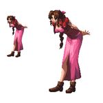  1girl aerith_gainsborough aiz00 artist_request breasts brown_hair cleavage final_fantasy final_fantasy_vii green_eyes hair_ribbon leaning_forward lowres pixel_art ribbon standing 