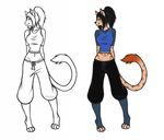  black_hair breasts brown_fur chiroina chyo clothed clothing colored examples feline female flat flat_colors fur green_eyes hair line_art mammal my new sona striped_body 
