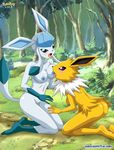  anthro anthrofied bbmbbf blush breasts butt canine duo eeveelution eye_contact female forest glaceon hair jolteon kneeling lesbian mammal nintendo nipple_suck nipples nude palcomix pok&eacute;mon pokepornlive raised_tail tongue tree video_games 