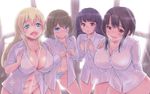  atago_(kantai_collection) bifidus black_hair blonde_hair blue_eyes blush bottomless breasts brown_hair choukai_(kantai_collection) cleavage glasses kantai_collection large_breasts long_hair maya_(kantai_collection) multiple_girls naked_shirt navel no_pants open_clothes open_mouth open_shirt panties plump purple_eyes shiny shiny_skin shirt short_hair striped striped_panties sunlight takao_(kantai_collection) underwear 