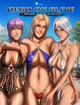  3girls ayane ayane_(doa) background beach bikini blonde_hair bloodfart blue_eyes breasts brown_eyes christie christie_(doa) dead_or_alive large_breasts multiple_girls pose purple_hair red_eyes smile swimsuit tina_armstrong white_hair 