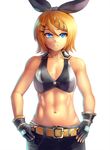  abs bare_shoulders belt black_star_(module) blonde_hair blue_eyes crop_top fingerless_gloves frown gloves hair_ornament hair_ribbon hairclip kagamine_rin looking_at_viewer midriff navel project_diva_(series) project_diva_extend ribbon short_hair solo toned vocaloid yilx 