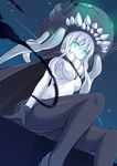  blue_eyes bodysuit breasts cape from_below gloves glowing glowing_eyes hat highres kantai_collection long_hair looking_down medium_breasts monster night okome_(minagisama) pale_skin shinkaisei-kan short_hair silver_hair sitting solo wo-class_aircraft_carrier 