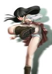  1girl ass black_hair blush boots gad_guard green_eyes high_kick kicking legs long_hair miniskirt motion_blur panties pantyshot pantyshot_(standing) plaid pleated_skirt school_uniform shinozuka_arashi skirt solo underwear upskirt white_panties youkai_ankake 