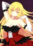 arm_up bare_shoulders blonde_hair breasts cleavage dress elbow_gloves gloves kiss-shot_acerola-orion_heart-under-blade kouji_(campus_life) large_breasts long_hair looking_at_viewer monogatari_(series) pointy_ears smile solo white_gloves yellow_eyes 