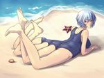  1girl arm_support ass ayanami_rei barefoot beach blue_hair feet female gammatelier looking_at_viewer looking_back lying multi_leg multi_limb multiple_legs multiple_limbs neon_genesis_evangelion ocean on_stomach one-piece_swimsuit red_eyes school_swimsuit short_hair soles solo swimsuit toes what 