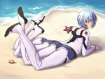  1girl arm_support ass ayanami_rei beach blue_hair looking_at_viewer looking_back lying multi_leg neon_genesis_evangelion ocean on_stomach plugsuit red_eyes short_hair shorts solo what 