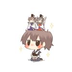  akagi_(kantai_collection) black_eyes blush bow_(weapon) brown_hair chibi figure hat hina_ningyou hinamatsuri kaga_(kantai_collection) kantai_collection lowres muneate object_on_head objectification rebecca_(keinelove) short_hair side_ponytail sitting sparkle weapon 