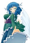  animal_ears blue_eyes blue_hair breasts head_fins highres himenomikan japanese_clothes kimono large_breasts long_sleeves looking_back mermaid monster_girl obi open_mouth sash short_hair simple_background solo touhou wakasagihime white_background wide_sleeves 