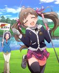  ahoge black_legwear brown_hair closed_eyes failure gloves golf golf_club hakozaki_serika idolmaster idolmaster_(classic) idolmaster_million_live! miura_azusa multiple_girls official_art thighhighs twintails 