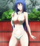  1girl armpits bare_shoulders blue_hair blush breasts brown_eyes bush cleavage collarbone female fence fingernails hair_between_eyes hair_intakes hands highres jewelry large_breasts long_hair looking_at_viewer maken-ki! mound_of_venus navel nijou_aki o-ring_bikini o-ring_bottom open_mouth outdoors pendant rock screencap shiny shiny_hair sling_bikini smile solo standing steam stitched swimsuit thigh_gap thighs 