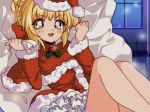  1girl 90s :d blonde_hair braid capelet christmas clenched_hands commentary crown_braid dress english_commentary eyebrows_visible_through_hair fate/grand_order fate_(series) fur-trimmed_capelet fur-trimmed_dress fur-trimmed_hat fur_trim green_eyes hair_ribbon hands_up hat highres indoors komi_shou looking_at_viewer nero_claudius_(fate) nero_claudius_(fate)_(all) night open_mouth padoru pom_pom_(clothes) red_capelet red_dress red_hat red_ribbon ribbon sack santa_costume santa_hat smile solo window 