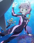  air_bubble bodysuit breath bubble coral diving_mask diving_mask_on_eyes diving_suit freediving fukuda_noriko holding_breath idolmaster idolmaster_million_live! makabe_mizuki multiple_girls official_art pointing shark snorkel snorkel_in_mouth swimming underwater wetsuit 
