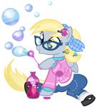  blonde_hair blowing_bubbles bottle bow bubble clothing derp_eyes derpy_hooves_(mlp) equine eyewear female food friendship_is_magic glasses hair hairpin horse jeans mammal muffin my_little_pony pegasus pixelkitties pony ponytail scarf sitting wings yellow_eyes 
