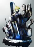  1boy blonde_hair blue_eyes cloud_strife final_fantasy final_fantasy_vii frown gloves huge_weapon looking_at_viewer male male_focus maximum_show solo standing sword weapon 