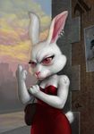  almanegra angry brick_wall building claws detailed detailed_background dress ear_piercing eye_lashes eyelashes female fur lagomorph mammal martin_de_diego_s&aacute;daba_(artist) middle_finger outside piercing playboy purse rabbit realistic red_eyes sky solo street tattoo wall whiskers white_fur 