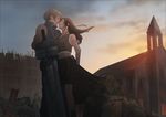  1boy 1girl artist_request black_hair blonde_hair church cloud_strife dune_(duneart) eyes_closed final_fantasy final_fantasy_vii gloves incipient_kiss long_hair outdoors standing sword tifa_lockhart weapon 