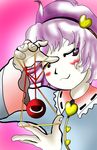  blush_stickers grin highres komeiji_satori nihyaku_kairi oota_jun'ya_(style) purple_eyes purple_hair short_hair smile solo string_play_spider_baby third_eye touhou wavy_mouth 