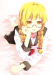  alternate_costume blush braid glasses hair_ribbon kouji_(campus_life) long_hair long_sleeves md5_mismatch monogatari_(series) open_mouth oshino_shinobu ribbon school_uniform smile socks solo twin_braids 