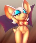  absurd_res anthro bat big_ears blue_eyes breasts brown_background eyelashes female half-closed_eyes hi_res ken17 mammal nipples nude plain_background pussy rouge_the_bat sega solo sonic_(series) standing video_games wings 