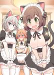  3girls anastasia_(idolmaster) animal_ears apron aqua_eyes black_dress blush breasts brown_hair cat_ears cat_girl cat_tail celebi_ryousangata cleavage closed_mouth comiket_95 commentary_request crossed_arms dress fang frilled_apron frills green_eyes grey_hair hanging_breasts highres idolmaster idolmaster_cinderella_girls indoors leaning_forward looking_at_viewer maekawa_miku maid maid_apron maid_headdress medium_breasts multiple_girls neck_ribbon ninomiya_asuka nose_blush open_mouth orange_hair own_hands_together puffy_short_sleeves puffy_sleeves purple_eyes raised_eyebrows ribbon short_dress short_sleeves standing tail tail_raised tareme tsurime v-shaped_eyebrows v_arms white_apron 