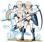  armor bikini bikini_armor blonde_hair blue_eyes blush boots braid breasts cape cleavage cross crystal drill_hair front-tie_top greaves head_wings hitodama long_hair medium_breasts morina_nao multiple_girls one_eye_closed pixiv_fantasia pixiv_fantasia_fallen_kings scythe shield smile swimsuit twin_drills twintails v_arms very_long_hair 
