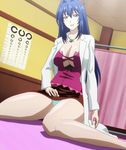  1girl :d bare_legs blue_hair blush body_blush breasts brown_eyes chair cleavage collarbone curtains dutch_angle female fingernails green_panties hair_between_eyes hair_intakes hands highres indoors infirmary jewelry labcoat large_breasts legs long_hair long_sleeves looking_at_viewer maken-ki! miniskirt nijou_aki nurse open_mouth panties pantyshot pendant poster school_nurse screencap shade shadow shiny shiny_skin sitting skirt smile solo stitched thighs underwear upskirt wall 