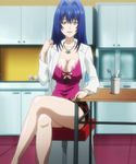  1girl arm_support bare_legs blue_hair body_blush breasts brown_eyes chair cleavage collarbone cupboard female floor hair_between_eyes hair_intakes hands highres indoors infirmary jewelry labcoat large_breasts legs legs_crossed light_smile long_hair long_sleeves looking_at_viewer maken-ki! miniskirt nijou_aki nurse open_mouth pendant school_nurse screencap shade shadow shiny shiny_skin sitting skirt solo stitched table thighs 