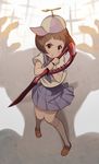  1girl :t blue_skirt brown_eyes brown_hair gamagoori_ira hat kill_la_kill kneehighs loafers mankanshoku_mako pout propeller_hat school_uniform scissor_blade serafuku shadow shoes short_hair skirt weapon white_legwear 