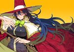  black_hair blue_hair blush breasts cape glasses hat kagari_ayaka large_breasts long_hair school_uniform solo tamori_tadaji witch_craft_works witch_hat 
