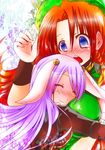  animal_ears blue_eyes blush braid bunny_ears commentary_request hat hong_meiling hug long_hair multiple_girls naonakamura purple_hair red_hair reisen_udongein_inaba touhou twin_braids yuri 