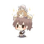  black_eyes blush brown_hair chibi damage_control_crew_(kantai_collection) damage_control_goddess_(kantai_collection) fairy_(kantai_collection) grey_hair hachimaki hat headband kaga_(kantai_collection) kantai_collection lowres minigirl multiple_girls muneate nejiri_hachimaki on_head person_on_head rebecca_(keinelove) short_hair side_ponytail sitting twintails 