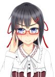  1girl bespectacled black_hair blue_eyes blush commentary_request dorei_to_no_seikatsu_~teaching_feeling~ eyebrows_visible_through_hair frilled_shirt_collar frills glasses hair_ornament hair_ribbon hairclip hand_up highres long_hair long_sleeves looking_at_viewer red-framed_eyewear red_ribbon ribbon robu_(ms08bb) semi-rimless_eyewear simple_background smile sylvie_(dorei_to_no_seikatsu) under-rim_eyewear upper_body v-shaped_eyebrows white_background 