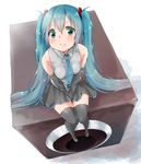  aqua_hair bad_id bad_pixiv_id detached_sleeves from_above green_eyes hands_on_lap hatsune_miku long_hair necktie rima_(rimarip) sitting skirt solo speaker thighhighs twintails very_long_hair vocaloid 