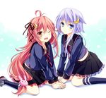  ;d ahoge blue_eyes bunny_hair_ornament crescent crescent_hair_ornament fang hair_ornament kantai_collection kneehighs kubyou_azami lavender_hair long_hair multiple_girls navy_blue_legwear one_eye_closed open_mouth pink_hair red_eyes school_uniform serafuku short_hair short_hair_with_long_locks sitting skirt smile uzuki_(kantai_collection) wariza yayoi_(kantai_collection) 