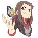  banana brown_hair cosplay food fruit grin idolmaster idolmaster_cinderella_girls jacket kamen_rider kamen_rider_gaim_(series) koseki_reina kumon_kaito kumon_kaito_(cosplay) lock_seed long_hair looking_at_viewer nash_(na-si) purple_eyes smile solo 