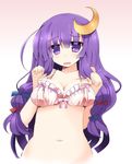  bare_shoulders blush bow bra breasts cleavage crescent crescent_hair_ornament hair_bow hair_ornament highres large_breasts long_hair looking_at_viewer navel open_mouth patchouli_knowledge purple_eyes purple_hair shirogane_(platinum) simple_background solo touhou underwear 