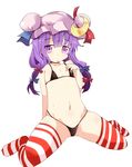  :&lt; bare_shoulders bikini black_bikini bow crescent flat_chest hair_bow hat highres long_hair looking_at_viewer navel patchouli_knowledge purple_eyes purple_hair shirogane_(platinum) simple_background solo striped striped_legwear swimsuit thighhighs touhou white_background 