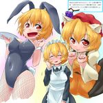  aki_minoriko alternate_costume animal_ears blonde_hair blush breasts bunny_ears bunny_tail bunnysuit cat_ears closed_eyes enmaided fishnet_pantyhose fishnets hair_ornament hat large_breasts maid maid_headdress open_mouth pantyhose red_eyes short_hair sketch smile solo tail touhou waribashi-p 
