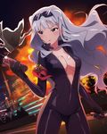  armband bodysuit breasts cleavage explosion eyewear_on_head glasses idol_heroes_(idolmaster) idolmaster idolmaster_(classic) idolmaster_million_live! long_hair medium_breasts official_art pink_eyes shijou_takane silver_hair solo 