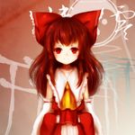  amanojaku ascot bad_id bad_pixiv_id bow brown_hair detached_sleeves dress hair_bow hair_tubes hakurei_reimu highres long_hair looking_at_viewer red_dress red_eyes smile solo touhou 