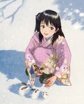  asa_no_ha_(pattern) black_eyes black_hair inuyasha japanese_clothes kimono niko_(silent.whitesnow) plant rin_(inuyasha) seigaiha shadow side_ponytail smile snow unmoving_pattern winter 