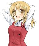  arms_behind_head arms_up bad_id bad_pixiv_id blonde_hair blush hidamari_sketch kujou_danbo miyako open_mouth school_uniform simple_background smile solo white_background yellow_eyes 